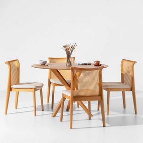 Conjunto Mesa de Jantar Thai Redonda Carvalho Americano - 1,20m + 4 Cadeiras Malai Encosto Palha Natural Linne - Cru