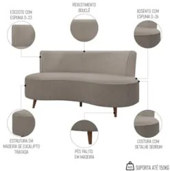 Sofá 2 Lugares para Sala Living 135cm Pés Palito Korah Z08 Boucle Bege