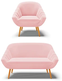 Kit 01 Namoradeira 02 Lugares e 01 Poltrona Giovana Suede Rosa Bebê Pés Palito Castanho - D'Rossi