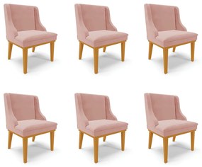 Kit 6 Cadeiras Decorativas Sala de Jantar Base Fixa de Madeira Firenze Veludo Rose/Castanho G19 - Gran Belo