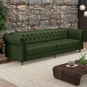 Sofá Living Sala de Estar Stanford Chesterfield 3 Lugares 260cm Pés de Madeira Couro Verde Manchado G58 - Gran Belo