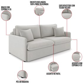 Sofá Retrátil Reclinável 3 Lugares 194cm Maili Veludo Cinza K01 - D'Rossi