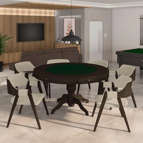 Conjunto Mesa de Jogos Carteado Bellagio Tampo Reversível Verde e 6 Cadeiras Madeira Poker Base Estrela Linho OffWhite/Capuccino G42 - Gran Belo