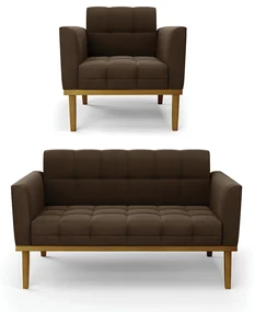Namoradeira com Poltrona Base de Madeira Castanho Elisa Suede Marrom D03 - D'Rossi