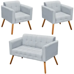 Conjunto 2 Poltronas e 1 Namoradeira Pés Palito Karen Suede Cinza G19 - Gran Belo
