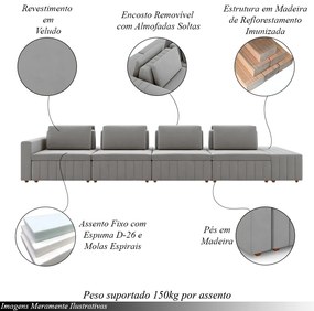 Sofá Ilha com Encosto e Almofadas Móveis Olimpo 505cm Modulado Veludo Cinza G45 - Gran Belo