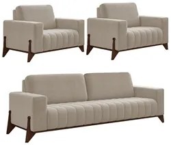 Sofá 3 Lugares 232cm e 02 Poltronas Montez M22 Veludo Bege   - Mpozena