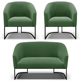 Namoradeira e 2 Poltronas Industrial Preto Stella Suede D03 - D'Rossi - Verde