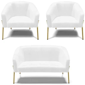Namoradeira e 2 Poltronas Pé de Ferro Dourado Stella Sintético PU Branco D03 - D'Rossi