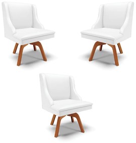 Kit 3 Cadeiras Decorativas Sala de Jantar Base Giratória de Madeira Firenze PU Branco Fosco/Natural G19 - Gran Belo
