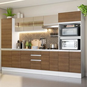Armário de Cozinha Completa 100% MDF 300 cm Branco/Rustic/Crema Smart Madesa 01 Cor:Branco/Rustic/Crema