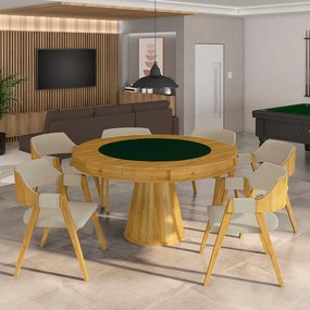 Conjunto Mesa de Jogos Carteado Bellagio Tampo Reversível Verde e 6 Cadeiras Madeira Poker Base Cone Linho OffWhite/Mel G42 - Gran Belo