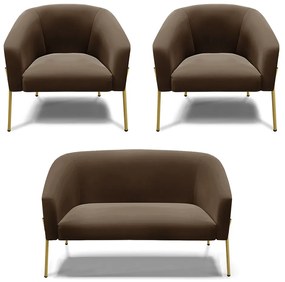 Namoradeira e 2 Poltronas Pé de Ferro Dourado Stella Suede Marrom D03 - D'Rossi