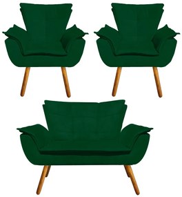 Namoradeira e 2 Poltronas Pé Palito Castanho Opala Suede Verde D03 - D'Rossi