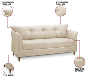 Sofá 3 Lugares Living para Sala Leblon 180cm Linho Bege E03 - D'Rossi