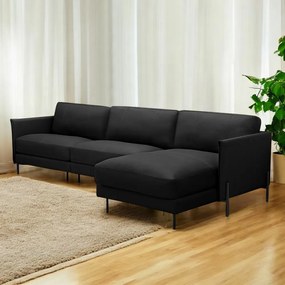 Sofá Decorativo Karine 5 Lugares Sala de estar 300cm com Chaise Pés em Aço Couro Preto G88 - Gran Belo