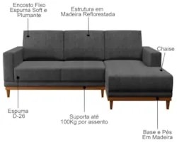 Sofá Living 200cm 3 Lugares Com Chaise Direito Kayrós D05 Linho Chumbo