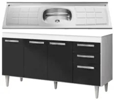 Balcão Gabinete Lisboa com Pia Inox 150cm 4 Portas Branco/Preto - Lumi