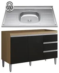 Balcão de Cozinha Com Pia Inox 100cm 3 Gavetas Andréia Amêndoa/Preto -