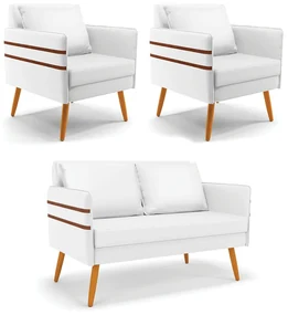 Kit 01 Namoradeira 02 Lugares e 02 Poltronas Mari Corino Pés Palito Castanho - D'Rossi - Branco