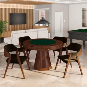Conjunto Mesa de Jogos Carteado Bellagio Tampo Reversível e 4 Cadeiras Madeira Poker Base Cone Veludo Marrom/Imbuia G42 - Gran Belo