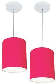 Kit/2 Lustre Pendente Cilíndrico Md-4012 Cúpula em Tecido 18x25cm Rosa Pink - Bivolt