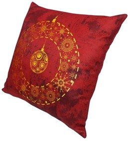 Capa de Almofada Natalina de Suede em Tons Vermelho 45x45cm - Bola Dourada - Com Enchimento