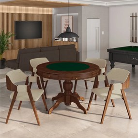 Conjunto Mesa de Jogos Carteado Bellagio Tampo Reversível Verde e 4 Cadeiras Madeira Poker Base Estrela Linho OffWhite/Imbuia G42 - Gran Belo