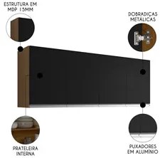 Armário de Cozinha Aéreo 160cm 4 Portas Andréia Amêndoa/Preto - AJL Mó