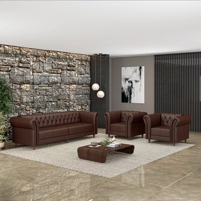 Conjunto Sala de Estar 1 Sofá Living 260cm e 2 Poltronas Stanford Chesterfield Pés Madeira Couro Marrom Brilho G58 - Gran Belo