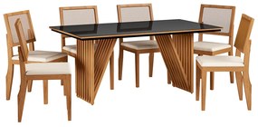 Mesa de Jantar Mia Preto e Mel 160x90 cm com 06 Cadeiras Hana Castanho/Veludo Bege - D'Rossi