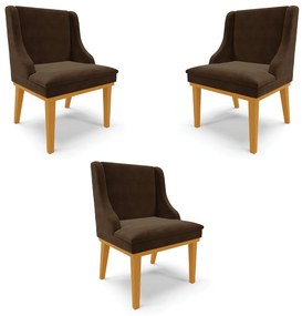Kit 3 Cadeiras Decorativas Sala de Jantar Base Fixa de Madeira Firenze Suede Marrom/Castanho G19 - Gran Belo