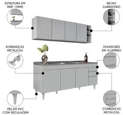 Armário de Cozinha Nevada e Balcão Gabinete 180cm Com Pia Dallas Cinza