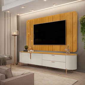 Painel com Bancada Celine Pés Metalicos em Dourado 241cm com LED Off White/Mel G18 - DJ Móveis