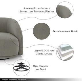 Kit 2 Poltronas Decorativas Jenny Base Giratória em Metal Preto Veludo Cinza G45 - Gran Belo