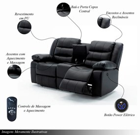 Conjunto Poltronas Sala de Cinema 2 e 3 Lugares Hollywood com Massagem/Aquecimento Elétrica PU Preto G31 - Gran Belo