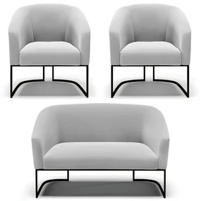 Namoradeira e 2 Poltronas Industrial Preto Stella Suede Cinza D03 - D'Rossi