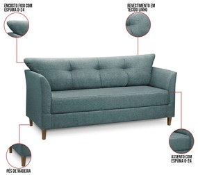 Sofá 3 Lugares Living para Sala Leblon 180cm Linho Azul E03 - D'Rossi