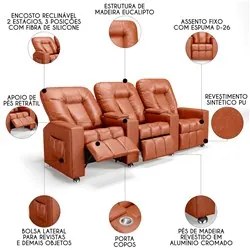 Poltrona Reclinável Para Cinema 3 Lugares Praddo FH9 PU Camel - Mpozen