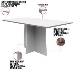 Mesa de Jantar Retangular Tampo com Vidro Angra 160 cm Off White - D'Rossi