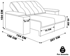 Sofá 3 Lugares 207cm Retrátil e Reclinável com 2 Porta Copos USB Calvin Veludo Tabaco G46 - Gran Belo