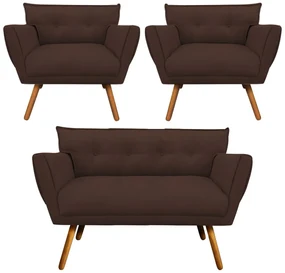 Kit 1 Namoradeira 2 Lugares e 2 Poltronas Anitta Suede Pés Palito Castanho - D'Rossi - Marrom
