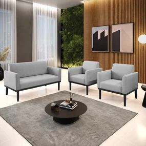 Conjunto 2 Poltronas e 1 Namoradeira Decorativa Isabella Pés Fixo em Madeira Preto Linho Cinza G19 - Gran Belo