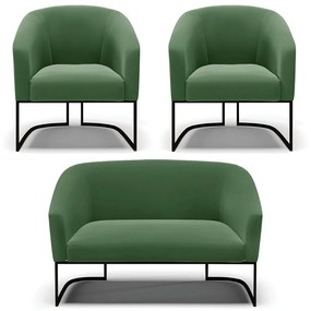 Sofá Namoradeira e 2 Poltronas Base Industrial Preto Stella Suede Verde D03 - D'Rossi