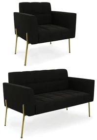 Sofá Namoradeira e Poltrona Pé de Ferro Dourado Elisa Suede D03 - D'Rossi - Preto