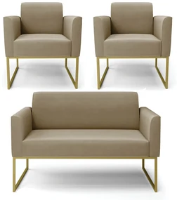Sofá Namoradeira com 2 Poltronas Base Industrial Dourado Marisa Suede D03 - D'Rossi - Marrom Rato