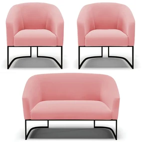 Namoradeira e 2 Poltronas Industrial Preto Stella Suede D03 - D'Rossi - Rose