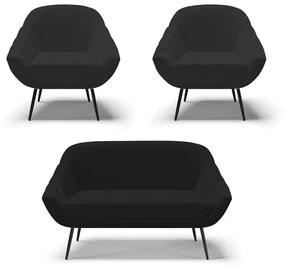 Kit 01 Namoradeira 02 Lugares e 02 Poltronas Giovana Linho Preto A79 Pés Palito de Ferro - D'Rossi