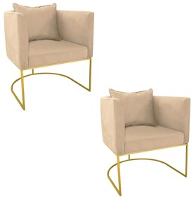 Kit 02 Poltronas Paola Suede Bege Base Metálica Dourado - D'Rossi