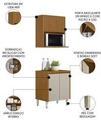 Armário Aéreo Micro-ondas e Balcão 70cm Com Tampo Pietá L06 Nature/Off